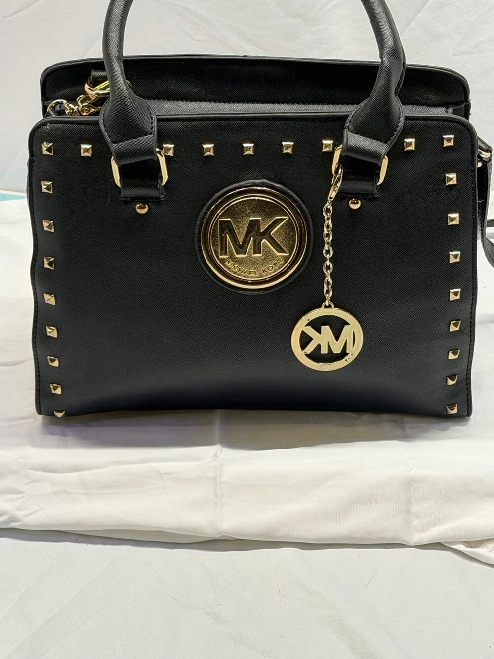 Michael Kors Black Studded Leather Satchel – Gold Hardware – MK Charm & Logo
